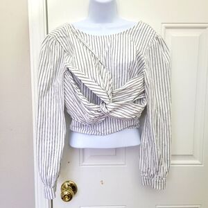 ASTR The Label White Long Sleeve Blouse Black Striped Cross Front Cropped Size L